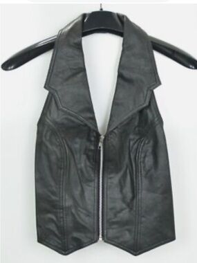 Vintage Hot Leathers Black Leather Zipper Front Halter  Moto Style Top Size XL